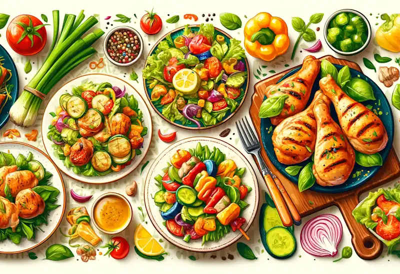 Illustration of a variety of high-protein, low-carb chicken dishes, including grilled chicken with roasted vegetables, chicken salad with greens, and chicken stir-fry with colorful peppers, presented on clean plates with a bright, inviting background.