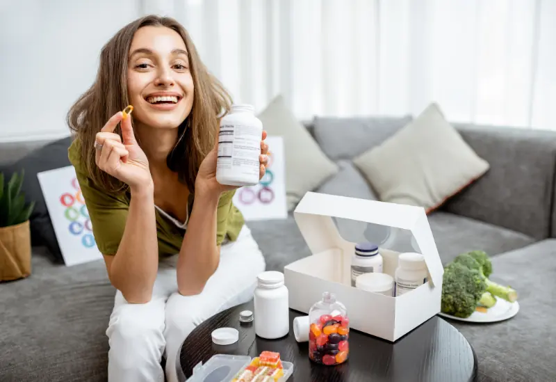 Young woman on a sofa after online shopping with vitamin bottles, emphasizing savings on supplements.