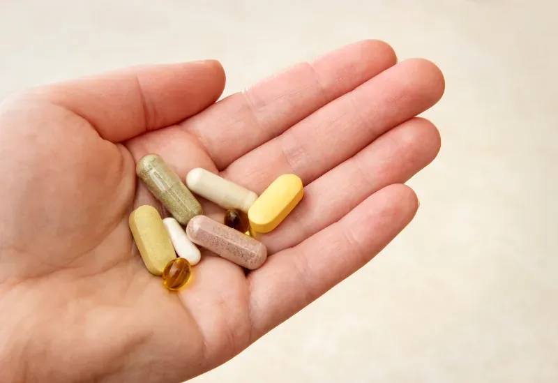 Assorted vitamins being held in a hand, highlighting affordable supplement options