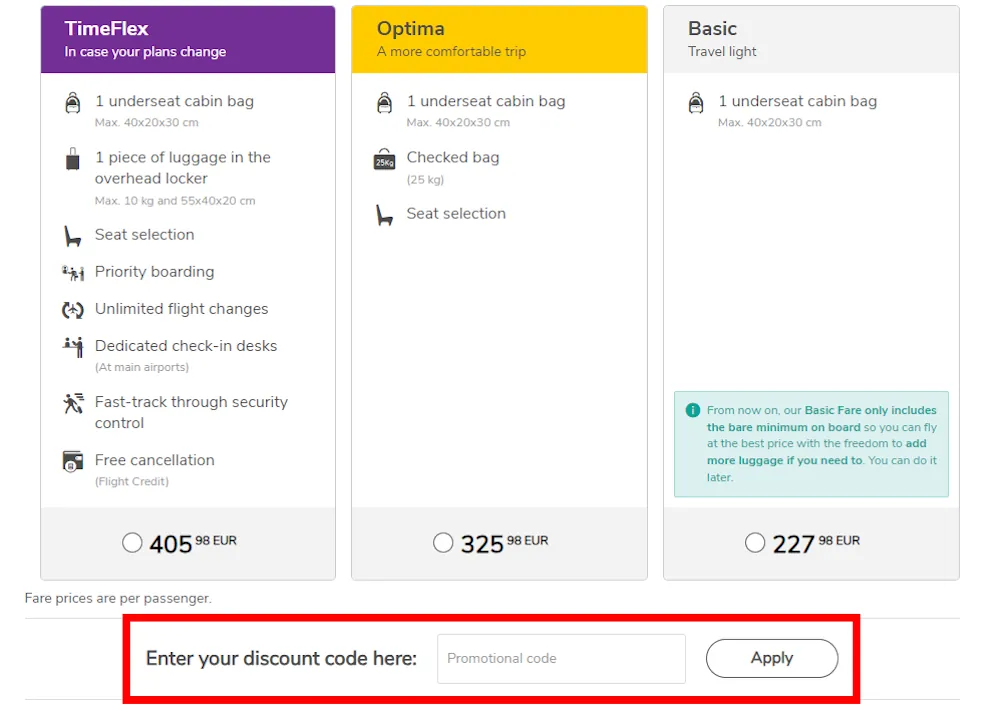 Instructions on how to enter a Vueling discount code at checkout 