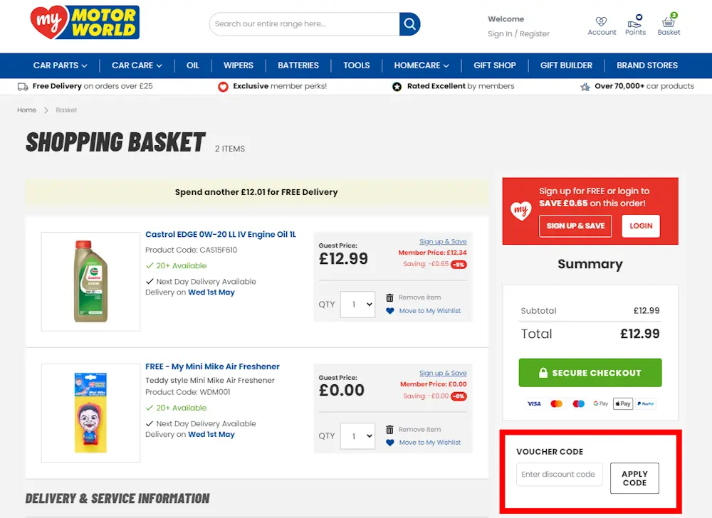 Instructions on where to enter our My Motor World voucher code at checkout.