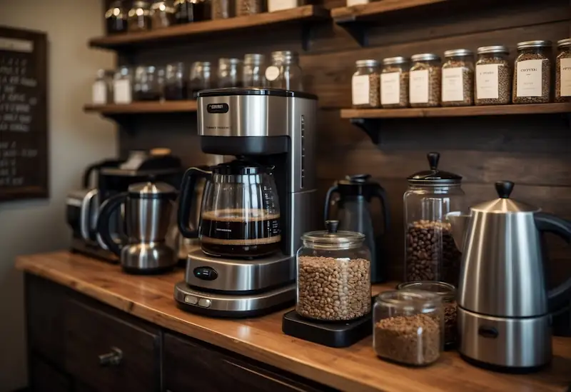 A cosy kitchen with a variety of brewing equipment, including a French press, pour-over set, and espresso machine. A shelf displays jars of different coffee beans, while a money-saving chart hangs on the wall