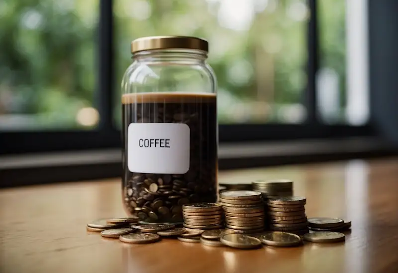 A coffee cup sits next to a jar of coins, symbolizing money management. A list of "10 Creative Ways to Save Money on Your Daily Coffee Habit" is displayed next to the items