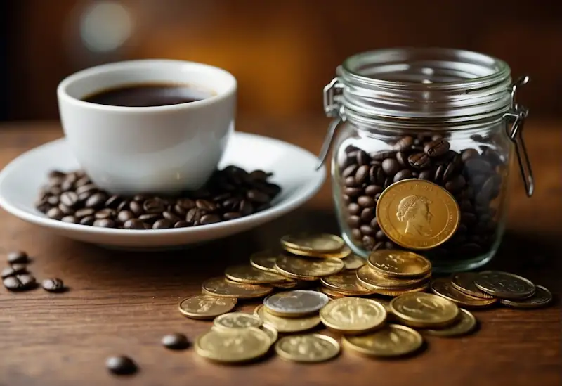 A coffee cup with coins spilling out, a piggy bank, a discount card, a reusable mug, and a jar of homemade coffee beans on a table