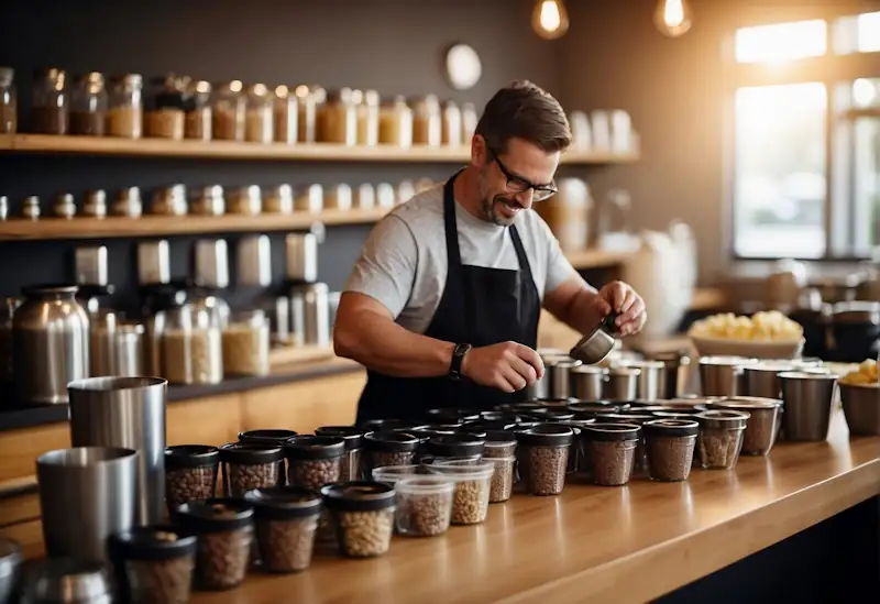 A person organizing coffee supplies, using coupons and reusable containers. Saving money on coffee purchases