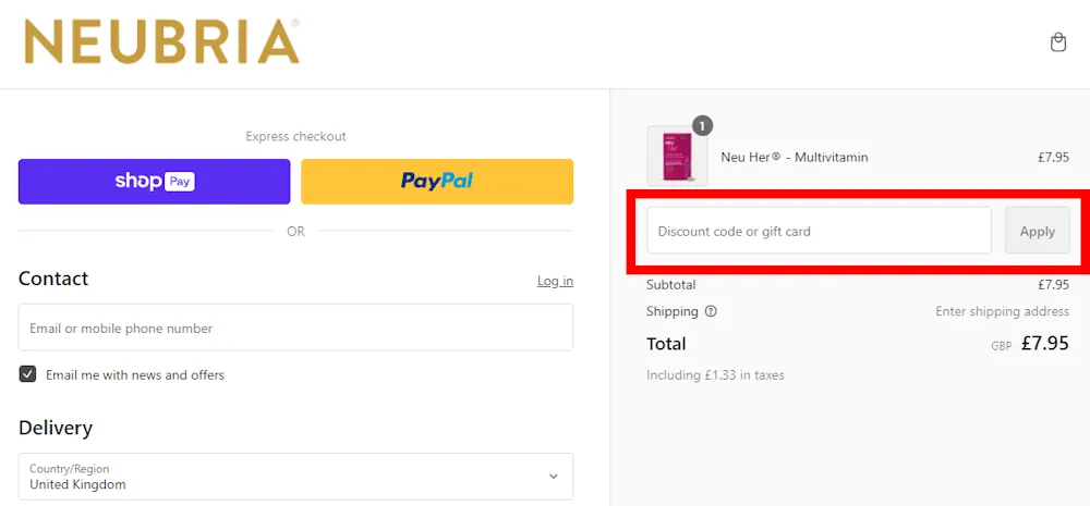 Instructions on how to use our Neubria voucher code at checkout.