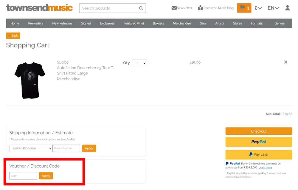 Verified instructions on how to enter our Townsend Music voucher code at checkout.
