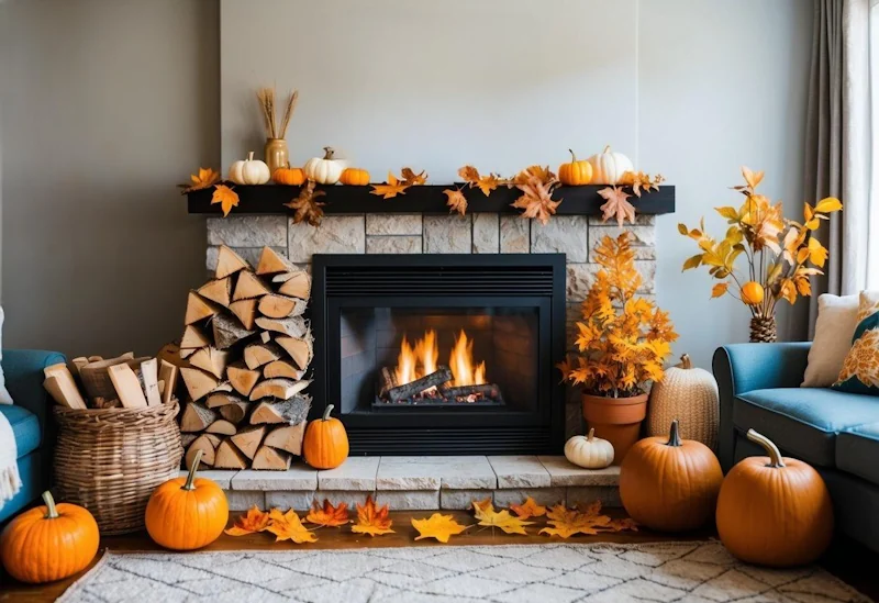 A cosy living room with a fireplace and a stack of firewood, surrounded by autumn leaves and pumpkins. A calendar on the wall shows different seasonal activities