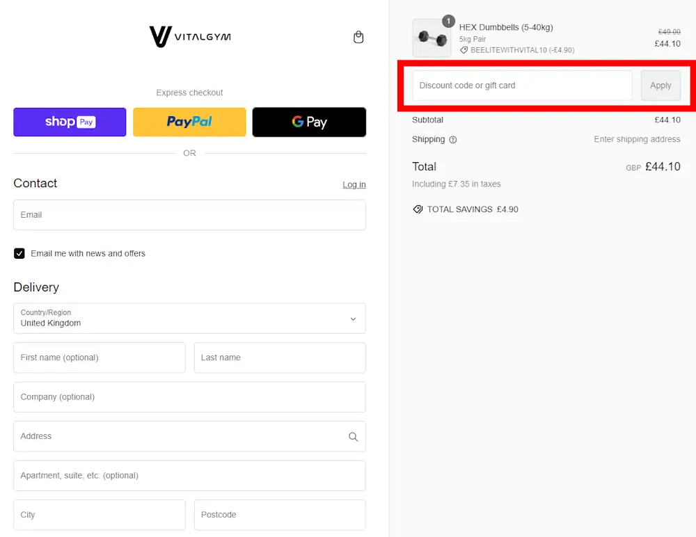 How to enter a Vital Gym voucher code in the checkout area on vitalgym.co