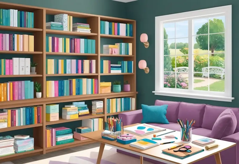 A cozy living room with a bookshelf filled with DIY and crafting books, a table with art supplies, and a window overlooking a peaceful garden