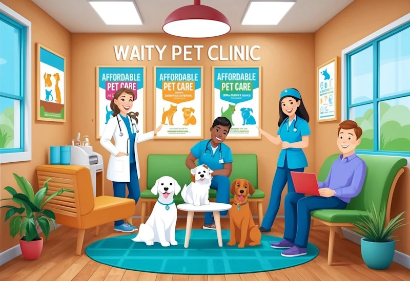 A cosy pet clinic with a cheerful waiting area, friendly staff, and colourful posters promoting affordable pet care services