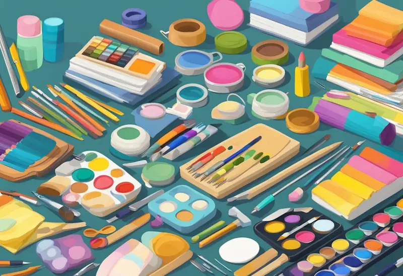 A colourful array of affordable, creative gifts: art supplies, craft kits, DIY projects, and handmade items displayed on a table