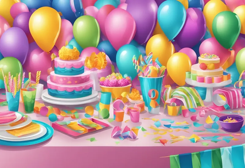 A colourful array of party decorations and supplies arranged neatly on a table, including balloons, streamers, and paper plates