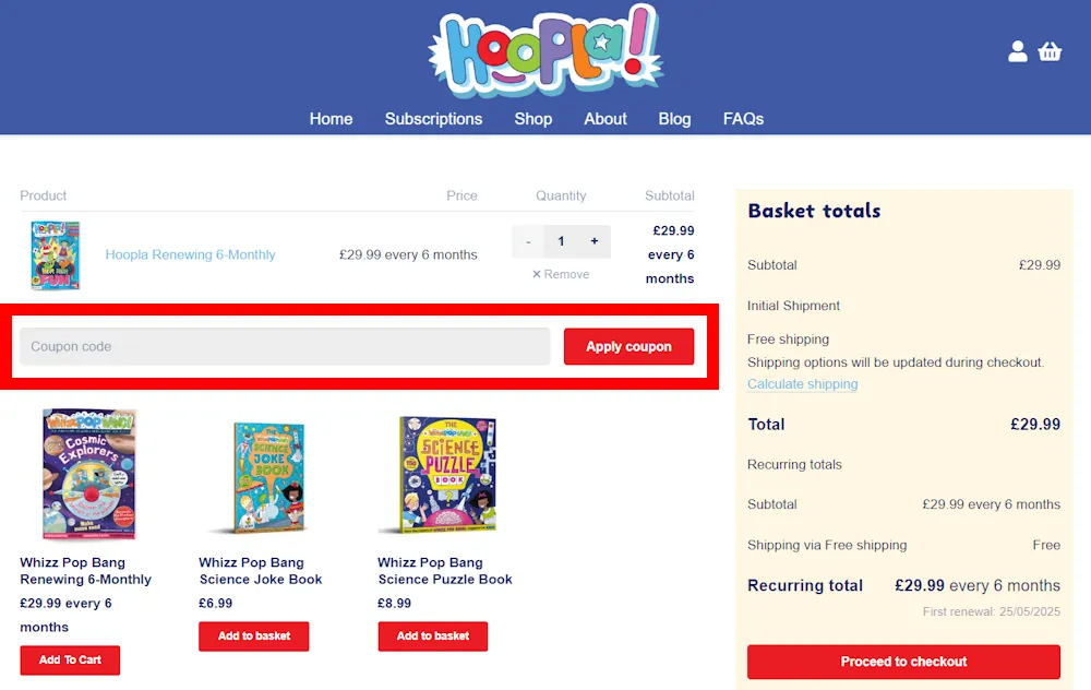 Instructions on how to use a Hoopla Magazine voucher code at checkout