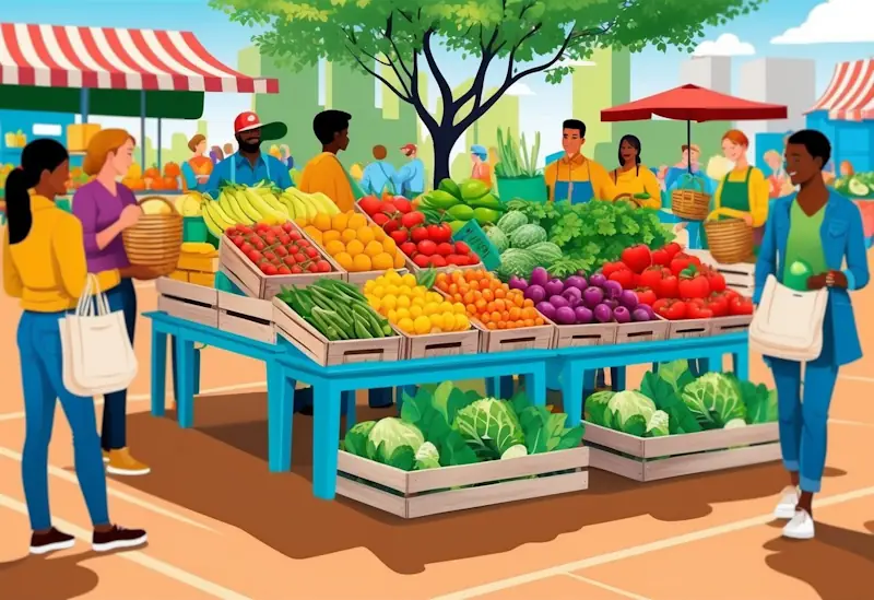 A vibrant farmer's market with colourful fruits and vegetables displayed on wooden crates, surrounded by people with reusable bags and baskets