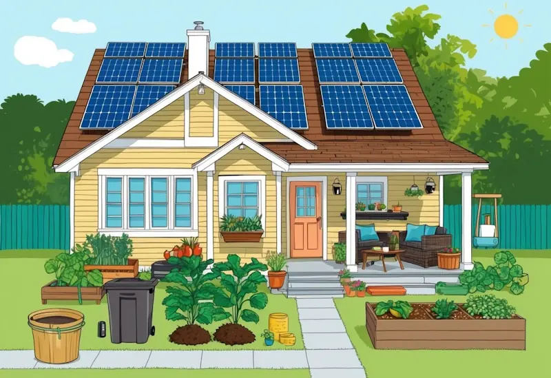 A cosy, clutter-free home with solar panels, a vegetable garden, compost bin, and reusable items