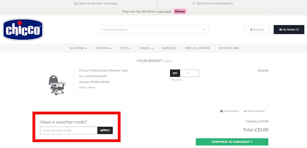 Verified instructions on how to enter our chicco voucher code at checkout.