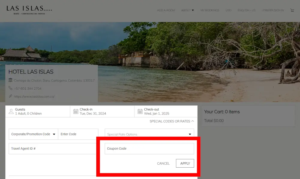 Verified instructions on how to enter our Hotel Las Islas voucher code at checkout.