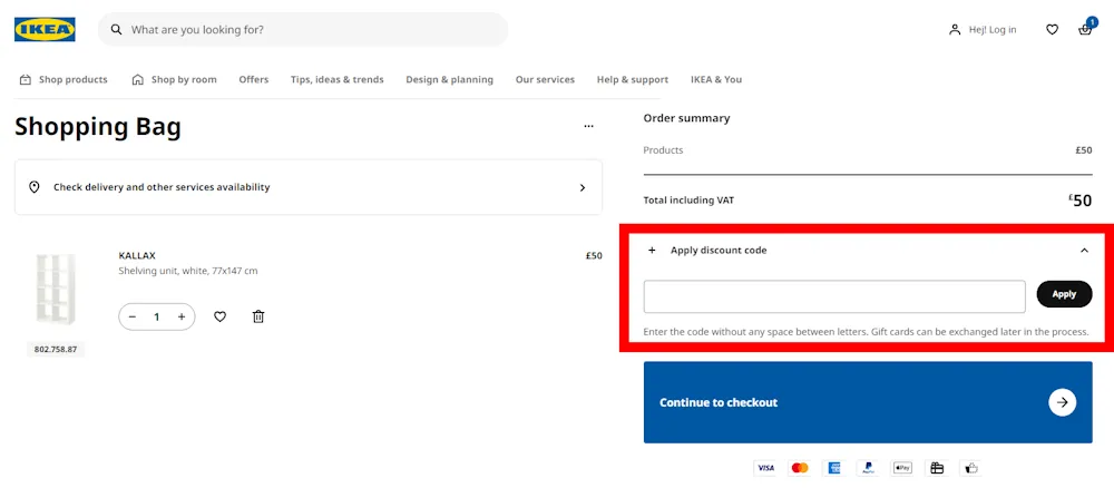 Verified instructions on how to enter our IKEA voucher code at checkout.