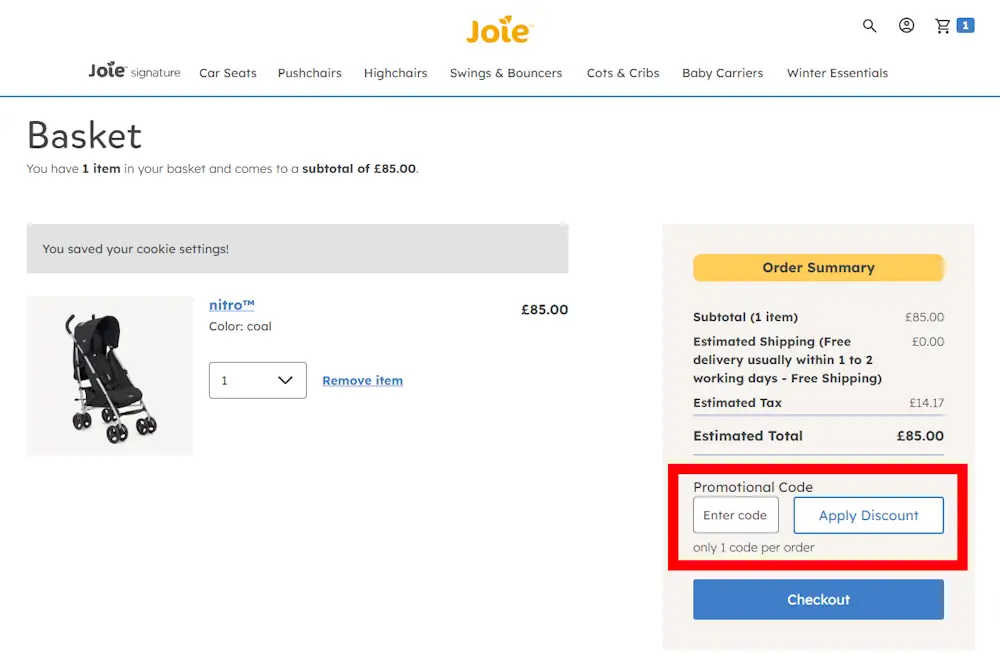 Verified instructions on how to enter our Joie Baby voucher code at checkout.