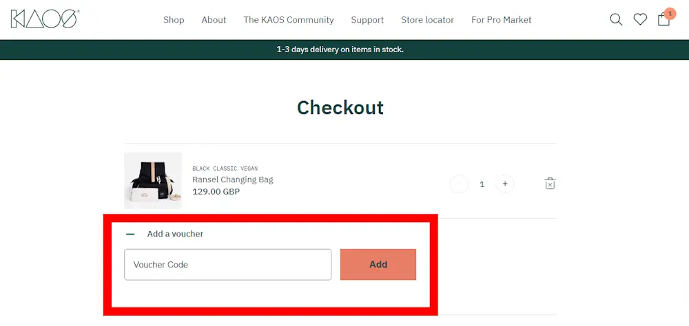 Verified instructions on how to enter our KAOS voucher code at checkout.