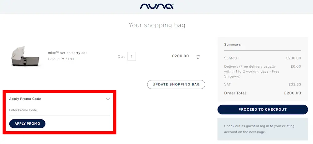 Verified instructions on how to enter our Nuna voucher code at checkout.