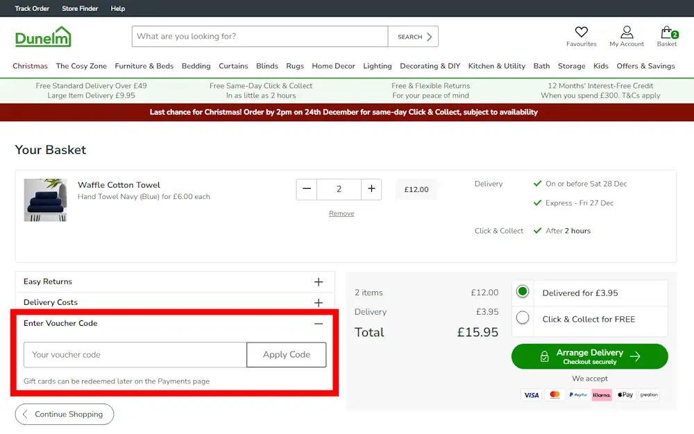 Verified instructions on how to enter our dunelm voucher code at checkout.