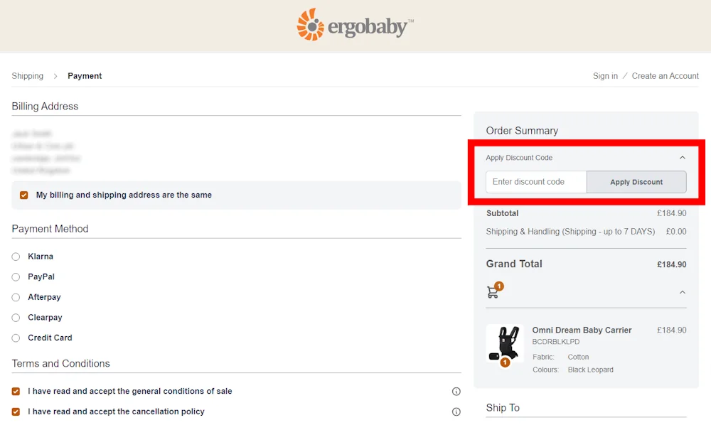 Verified instructions on how to enter our Ergobaby voucher code at checkout.