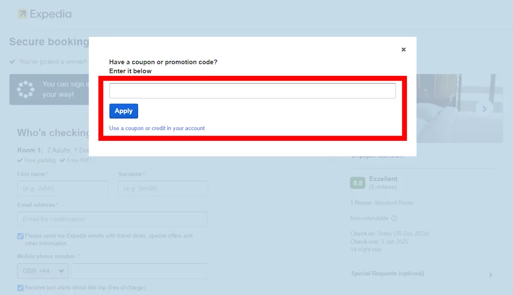 Verified instructions on how to enter our Expedia voucher code at checkout.