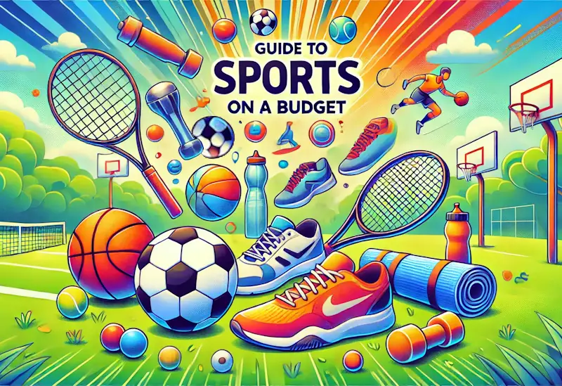 Illustration showcasing various sports, including football, tennis, and golf, highlighting budget-friendly activities and discount codes for sports.