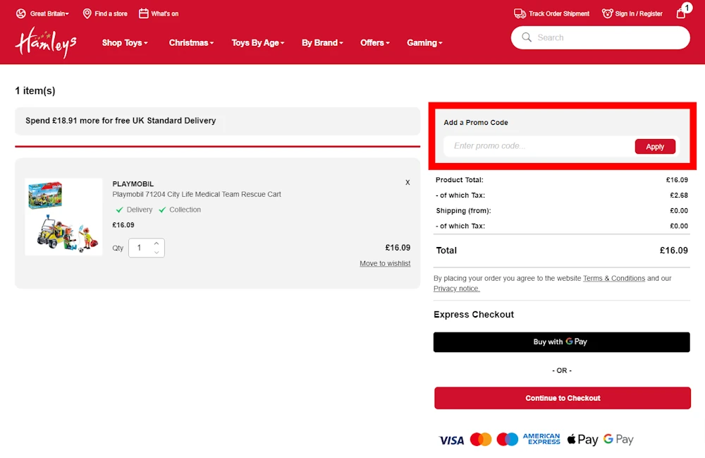 Verified instructions on how to enter our hamleys voucher code at checkout.