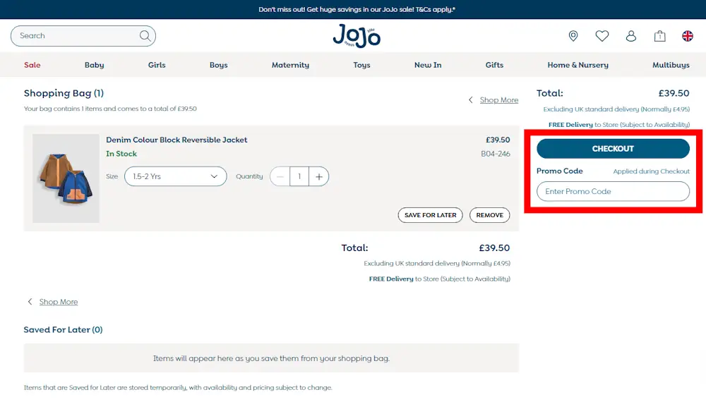 Verified instructions on how to enter our JoJo Maman Bebe voucher code at checkout.