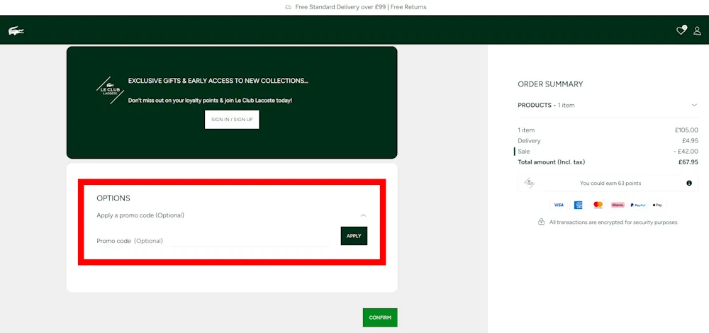 Verified instructions on how to enter our lacoste voucher code at checkout.