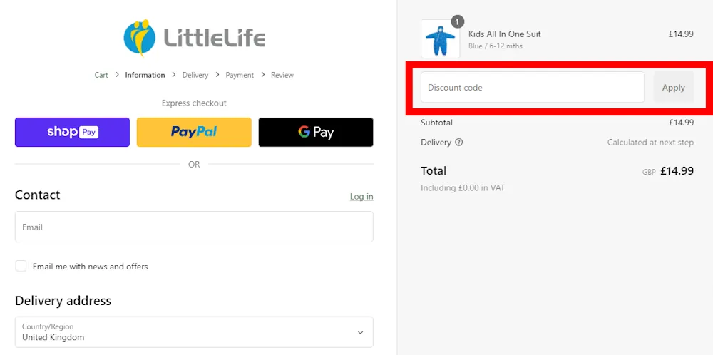 Verified instructions on how to enter our littlelife voucher code at checkout.