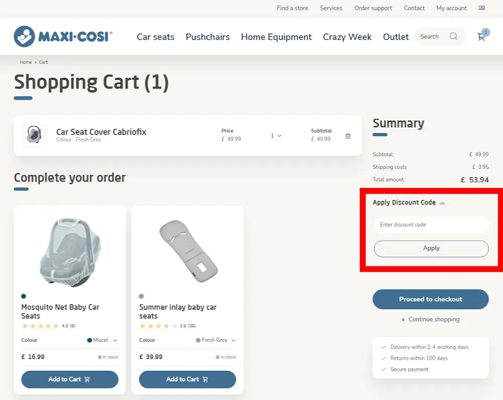Verified instructions on how to enter our Maxi Cosi voucher code at checkout.