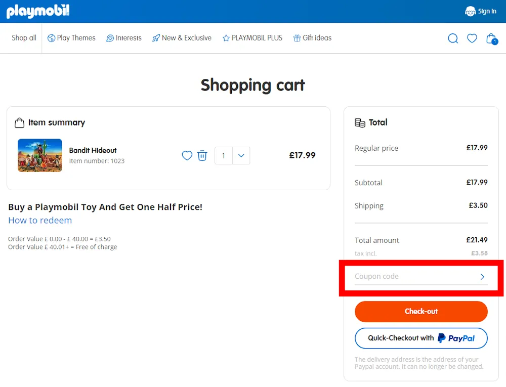 Verified instructions on how to enter our playmobil voucher code at checkout.