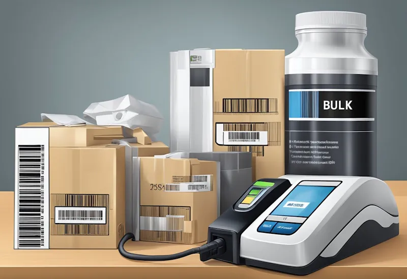 A stack of products with a "bulk discount" label and a barcode scanner nearby