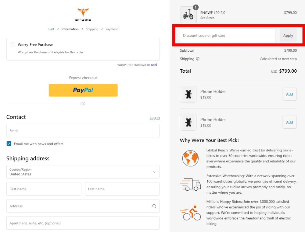 Verified instructions on how to enter our engwe voucher code at checkout.