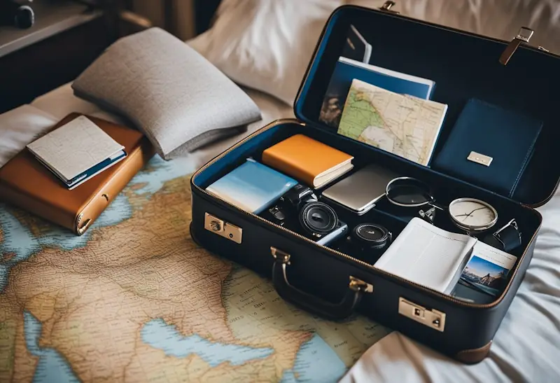 A suitcase packed with travel essentials sits open on a bed, surrounded by a map, guidebook, and various travel accessories