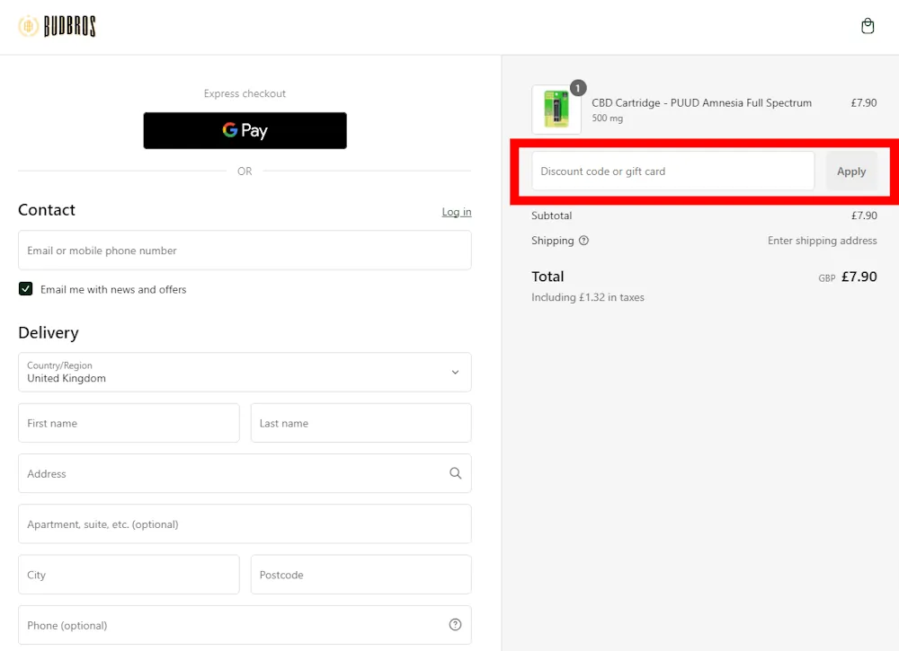 Verified instructions on how to enter our Bud Bros coupon code at checkout at budbros.uk