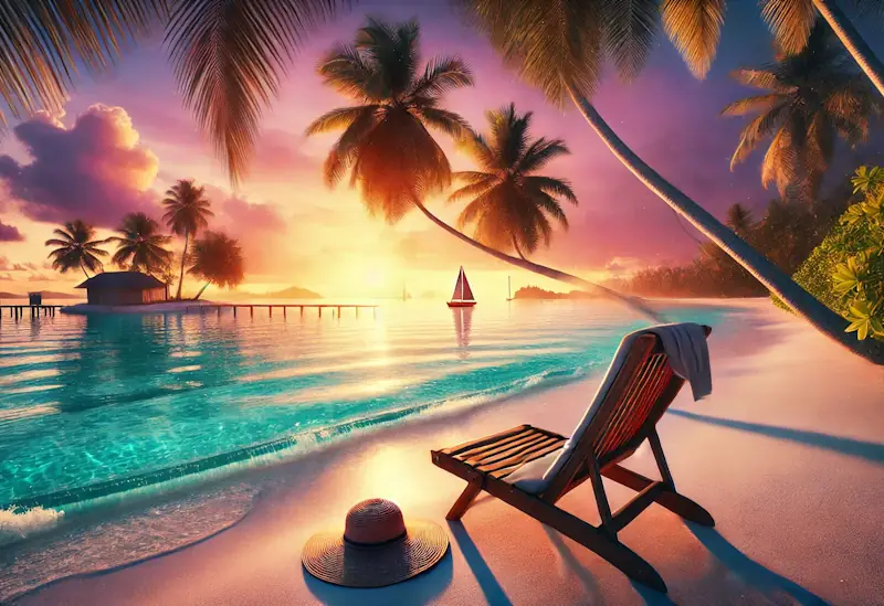 Serene tropical beach at sunset with palm trees, white sand, and turquoise waters, inspiring tips on How to Save Money on Travel in 2025.