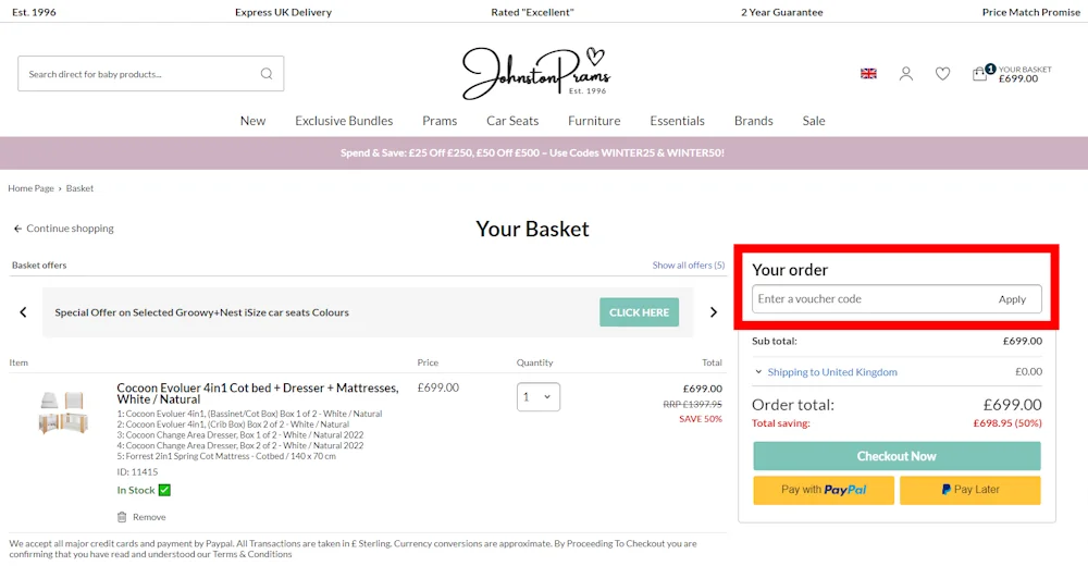 Verified instructions on how to enter a johnston prams promo code at checkout at johnstonprams.com