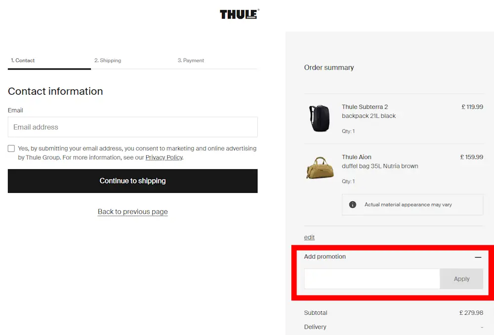 Verified instructions on how to enter our Thule coupon code at checkout at thule.com