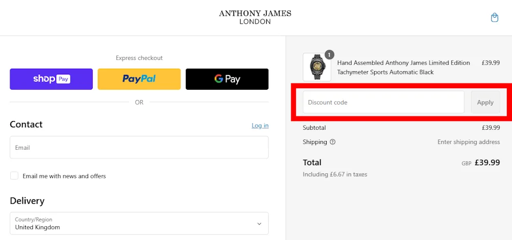 Instructions on how to enter our verified discount code for Anthony James at checkout on anthonyjameswatches.com.